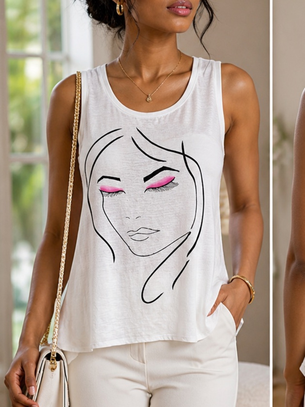 White Nina Leonard Summer Sleeveless Top with Pink Eye Graphic